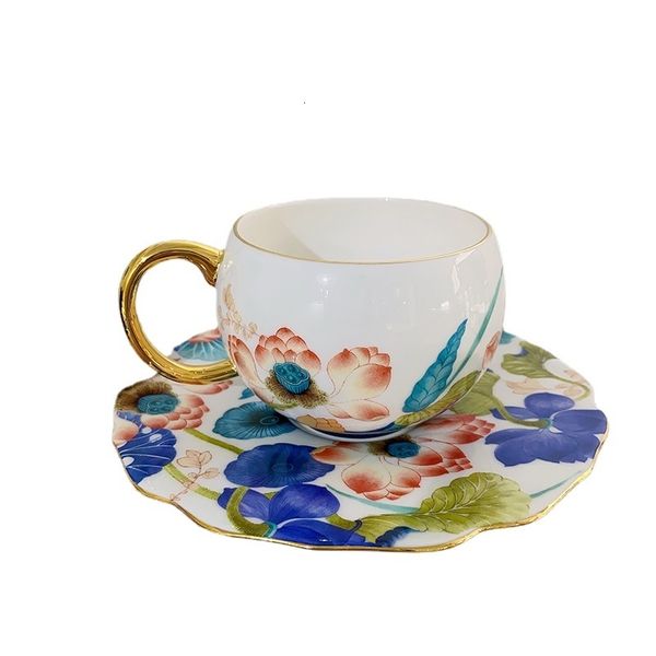 Tasses Ensembles de tasses à thé et soucoupes de Style Royal chinois, motif de Lotus, belle fleur, tasse à café de jardin en porcelaine pour ami, vaisselle 230825