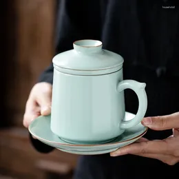 Tazas de té de cerámica ruyao chino con tapa de copa de agua de filtro de oficina de alto grado para el padre y el esposo del hombre