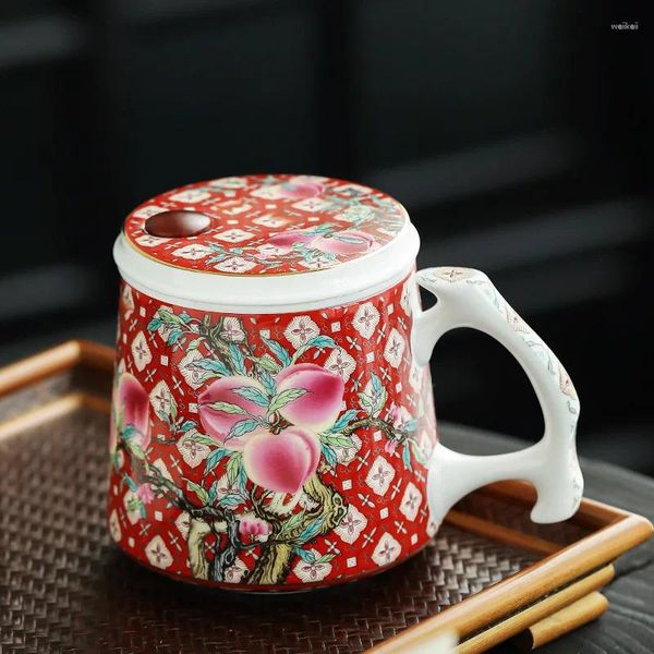 Tazas Taza de té de cerámica Retro de estilo chino con infusor y tapa, taza de café grande roja y amarilla, tazas de agua de negocios para oficina de lujo