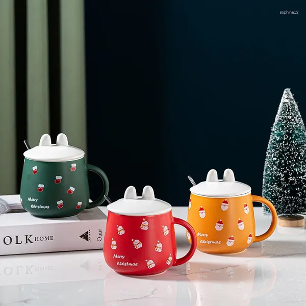 Tasses de dessin animé de noël en céramique, lait de petit déjeuner avec couvercles, cuillère à café, grand Volume, cadeau de vacances