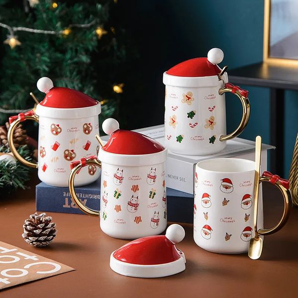 Tasses de Noël céramique tasse mignon santa claus gingerbread homme imprimer café avec couvercle cuillère de boisson buveuse drinkware année cadeau 231120