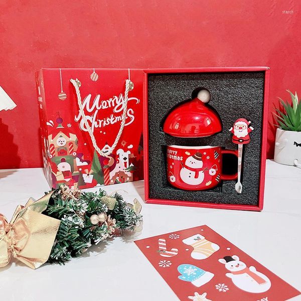Tazas Parejas de Navidad Cerámica Figuras de Papá Noel Taza con tapa Juego de cuchara Amigos Regalos familiares Caja de regalo