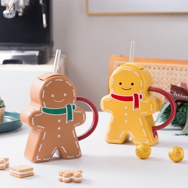 Tasses Noël Gingerbread Man Céramique Avec Paille Tasse À Café Lait Bureau Tasses Drinkware Le Cadeau Pour Les Amis