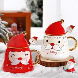 Tazas, taza navideña, Taza de cerámica creativa bonita de Papá Noel con tapa y cuchara, tazas de té para bebidas, regalos de cocina para el hogar