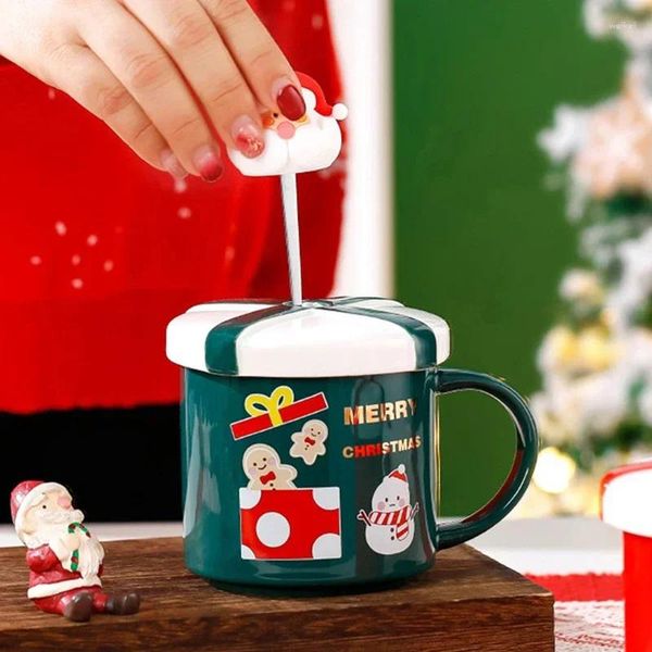 Tazas Taza de Navidad con tapa y cuchara Santa Claus Taza de café de cerámica Elk Muñeco de nieve Pareja Desayuno Postre Leche Año Regalo