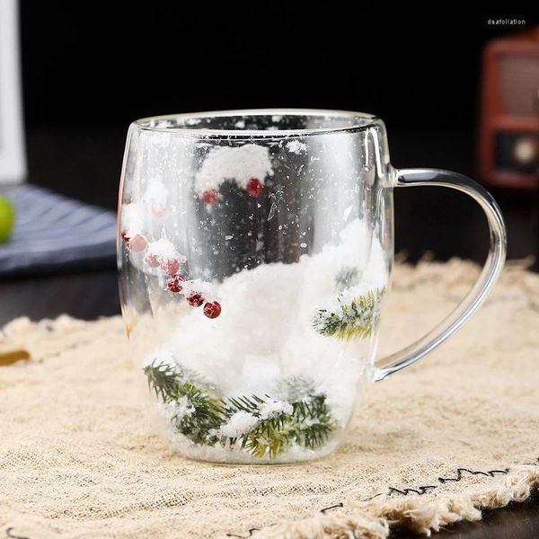 Tasses arbre de noël et neige Double paroi tasse en verre transparent résistant à la chaleur café lait tasse thé expresso cadeaux de vacances 350ml