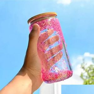 Tazas Clear Blank Diy 16Oz Sublimation Tumbler Mug Soda Cola Cup Doble pared Snow Globe Cerveza Lata de vidrio con tapa de bambú y St Drop De Dhsqf