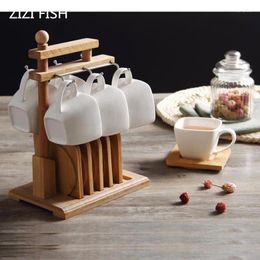 Mokken Coffee Cup en Saucer Set Wood Rack Brief Wit Afternoon Tea Home Ceramic