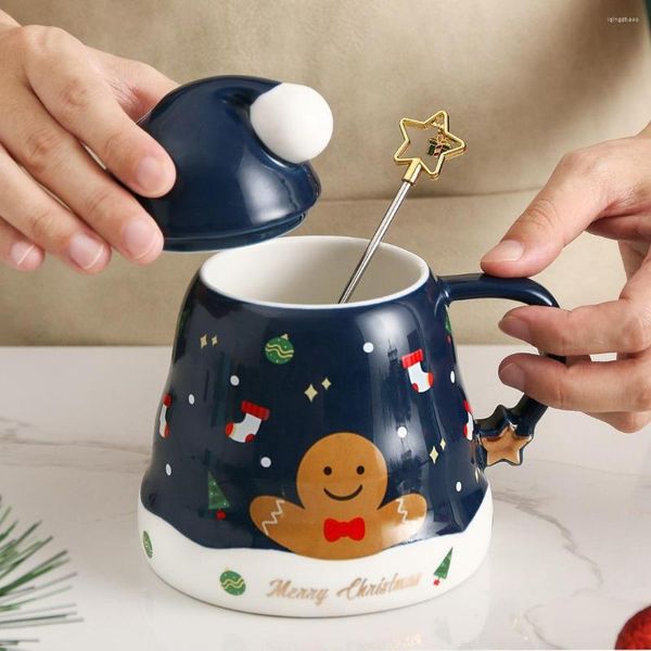 Tasses Café Tasse À Thé Avec Couverture Étoile Cuillère Noël Père Noël Pain D'épice Homme Arbre Tasse En Céramique Cadeaux D'eau