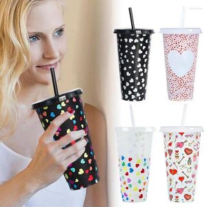 Tazas de color Cambio de tazas de café de doble capa con paja de tapa reutilizable plástico mágico agua fría para adultos