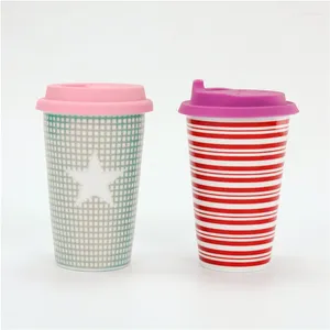 Tasses de voyage en céramique faites sur commande sans main colorées de gobelet de 300ml avec couvercle en silicone