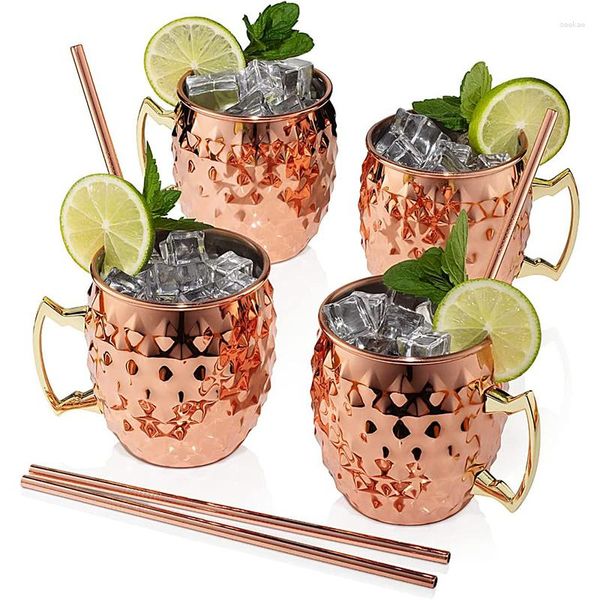 Mugs Cuivre Moscow Mule Ensemble de 4 - 18 oz Doublure en Acier Inoxydable Pur Plaqué Tasses Diamant