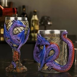 Tasses Creative 3D Dragon bière tasse résine 304 acier inoxydable gothique vin gobelet Viking crâne Cocktail verre barre décoration hommes cadeau 231213