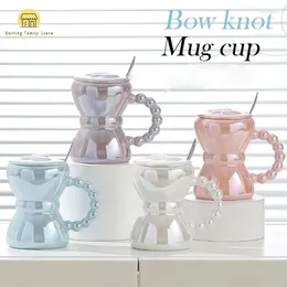 Tasses Creative Bowknot Tasse En Céramique Avec Cuillère INS Style Jus De Lait Thé Tasse À Café Nacré Pour Fille Cadeaux De Luxe