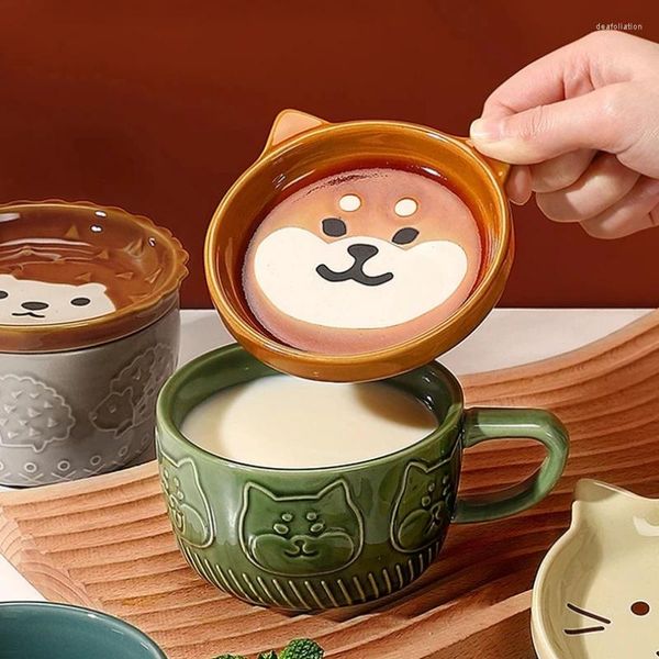 Tazas Taza de animales de dibujos animados creativos Cerámica con tapa Café Desayuno Leche Sala de estar Mesa Dispensador de agua