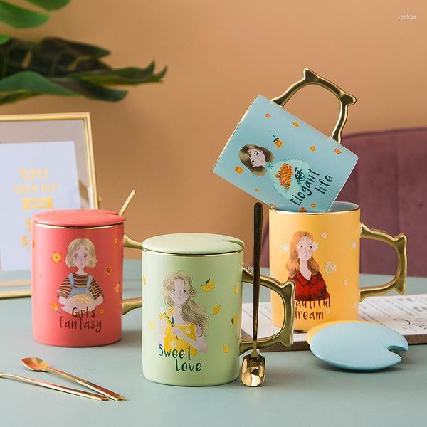 Tazas creativas de dibujos animados hermosa chica Taza de cerámica con tapa cuchara lindo café té leche tazas hogar bebida regalo único para niñas