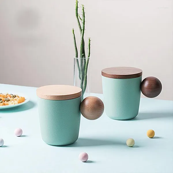 Tazas de cerámica creativa, taza infusora de té con tapa, filtro, mango de madera para leche, café, zumo, vaso, decoración personalizable