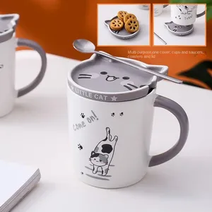 Mokken Creatieve Leuke Cartoon Kat Keramische Mok Paar Water Cup Thuis Ontbijt Melk Koffie Sap Met Deksel Lepel Set Vakantie cadeau