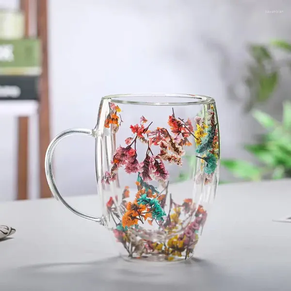 Tazas creativas de vidrio de doble pared con tazas de flores secas de la taza de la taza del vaso de los rellenos para jugo de café regalos de alumnos