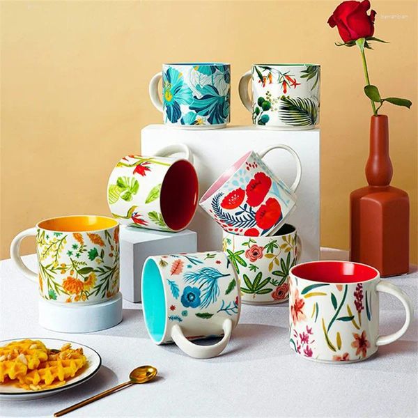 Tasses Tasse en céramique créative de modèle d'oiseau de fleur 450ml tasses de café de grande capacité tasse de petit déjeuner de thé de lait de bureau à la maison avec le cadeau de Handld