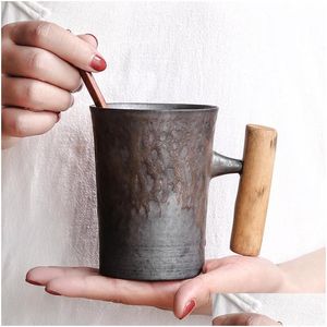 Mokken creatieve Japanse keramische koffie mug tumbler roestglazuur met houten handvat tea melken bier water waterkantoor drinkgaraat 300 ml dhrjj jjj