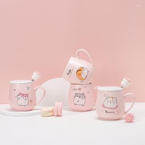 Tasses créatives Kawaii dessin animé Hamster avec couvercle cuillère fille coeur Couple cadeau maison tasse à café en céramique bureau lait thé petit déjeuner