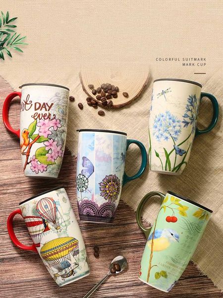 Tasses Creative Grande Capacité Tasse À Café Avec Couvercle En Céramique Porcelaine Verres Tasses Thé Cadeaux De Mariage SZ-TM21032207