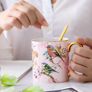 Tasses de peinture à l'huile créative fleur oiseau rose bleu céramique café tasse de lait d'eau potable à la maison pour la maison