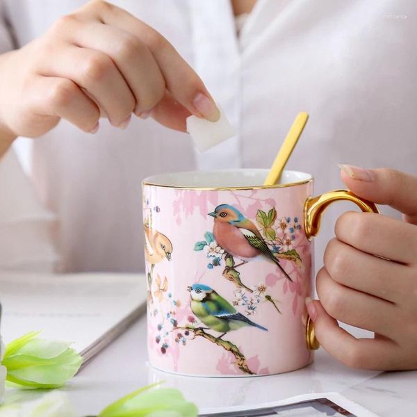 Tasses de peinture à l'huile créative fleur oiseau rose en céramique tasse de café au lait d'eau potable thé à la maison drinkware décor cadeaux