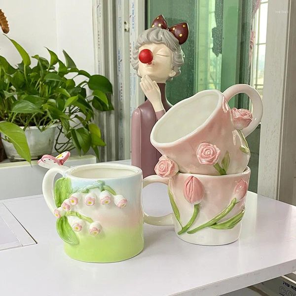 Tasses créatives en forme de tulipe rose en Relief, tasse à café en céramique, cadeau pour fille, tasse à thé de bureau, petit déjeuner, lait, décoration de la maison