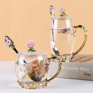 Mokken Creative Pink Daisy Email Crystal Mug Tea Cup Coffee Butterfly Painted Flower Water Cups Clear Glass met lepel