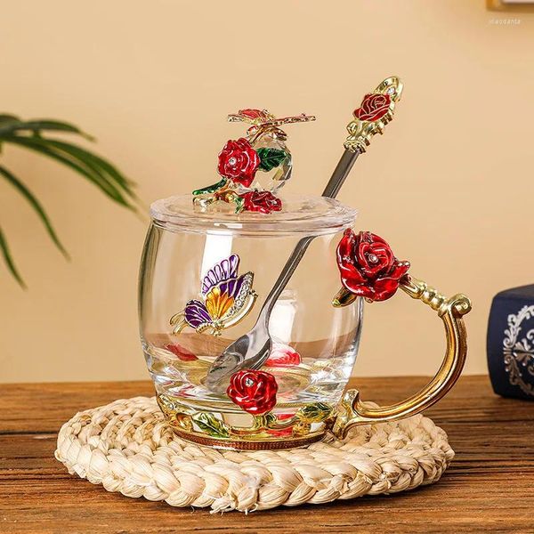 Tasses Creative Rose émail cristal tasse à thé tasse à café papillon peint fleur tasses d'eau résistant à la chaleur verre clair avec cuillère