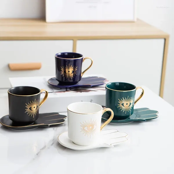 Tazas Creativas Taza de ojo turco azul malvado y platillo de mano Hamsa Café Té Leche Taza de agua Decoración moderna de la habitación Regalos de cerámica