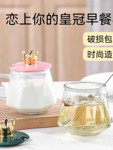 Mokken Kroonmok Met Lepeldeksel Hittebestendig Glas Waterbeker Vrouwelijke Huishoudelijke Melk Hoge Esthetische Kantoorkoffie