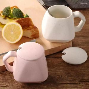 Tazas lindas breves de cerámica con tapa de cuchara, taza de café, té con leche, tazas de oficina, artículos para beber, regalo de cumpleaños