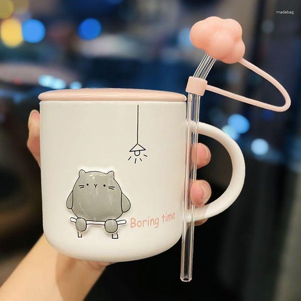 Tasses mignon dessin animé ours tasse en céramique en relief avec couvercle cuillère ménage eau fille coeur petit déjeuner café