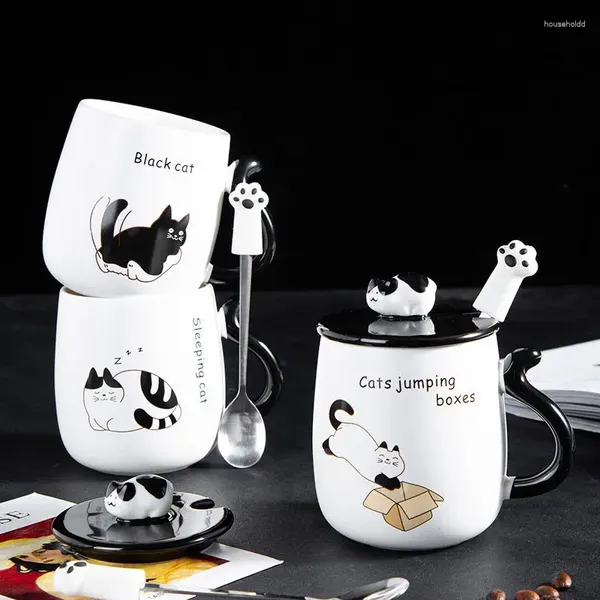 Tasses Tasse à café en céramique de chat de dessin animé mignon avec couvercle cuillère ensemble bureau maison grande capacité Drinkware tasse d'eau cadeau de mode pour les amis