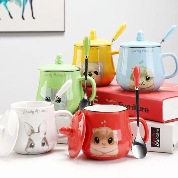 Tasses Mignon dessin animé chat tasse à café en céramique avec couvercle créatif motif Animal Drinkware tasses à thé nouveauté cadeaux tasse à lait 231013