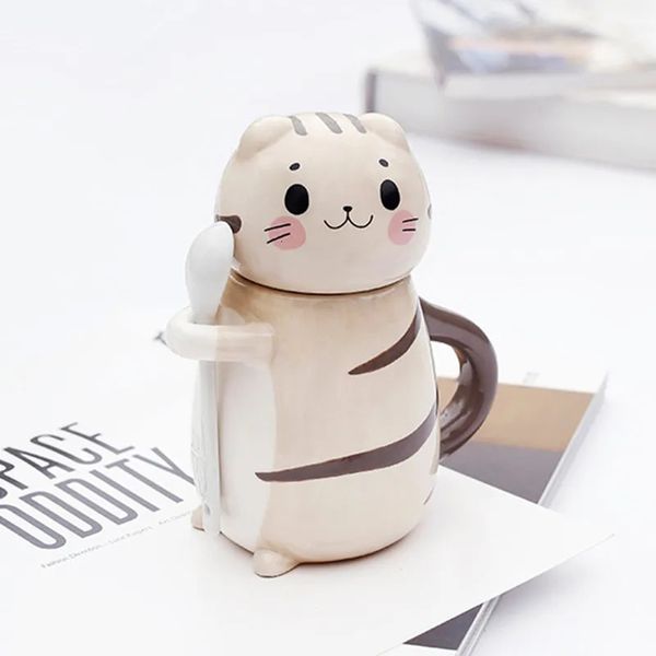 Tazas Taza de café de cerámica de gato lindo con cuchara Tazas de té de leche pintadas a mano creativas Regalos de novedad 231121
