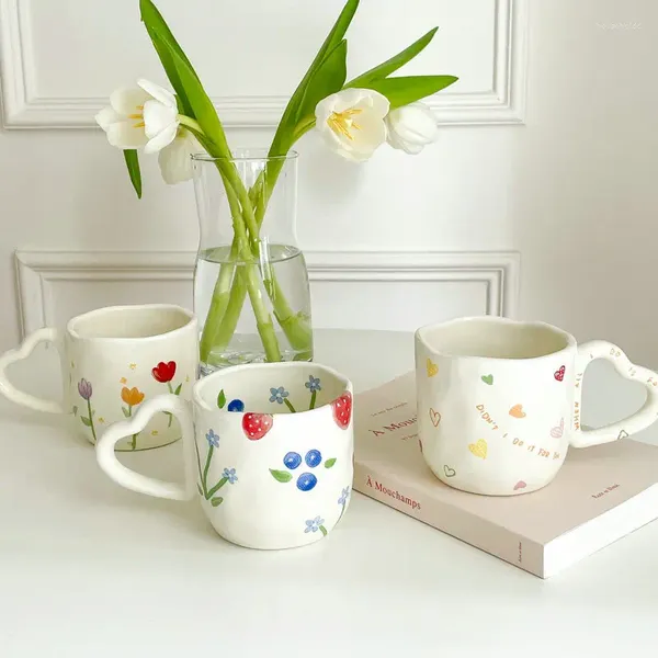 Tasses mignonnes en céramique café amour poignée tasses main pincée irrégulière couleur blanc cassé lait thé tasse rafraîchissante tasse avoine petit déjeuner