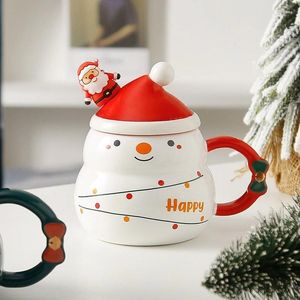 Tasses Tasse à café en céramique de noël mignonne enfants Kawaii bonhomme de neige père noël tasse à thé au lait avec couvercle et cuillère idées cadeaux pour adultes amis