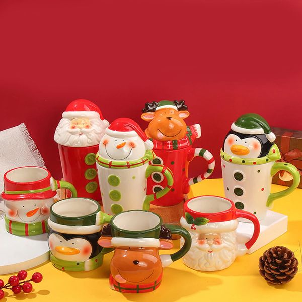 Tazas Taza de cerámica navideña bonita, taza de café de Papá Noel con tapa, mango de leche y agua de dibujos animados, regalo 231122