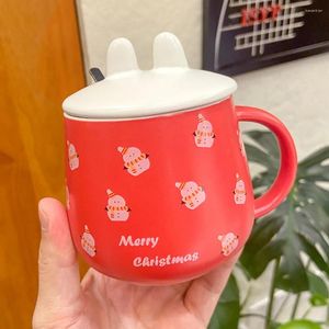 Moks schattige creatieve keramische mok met lepel deksel kerstkoffie thee -cup huishouden ontbijt melk water paar cadeau