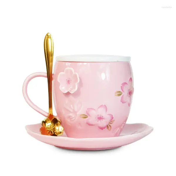 Tasses mignonnes créatives en relief tasse de cerise dessin animé avec couvercle de cuillère Simple en céramique étudiant petit déjeuner tasses de fleurs de lait