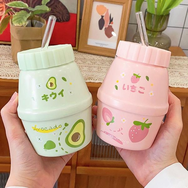 Tasses Fruits mignons en céramique Kawaii fraise pêche tasses d'eau avec couvercle paille thé café lait petit déjeuner tasse boisson cadeau 480 ml