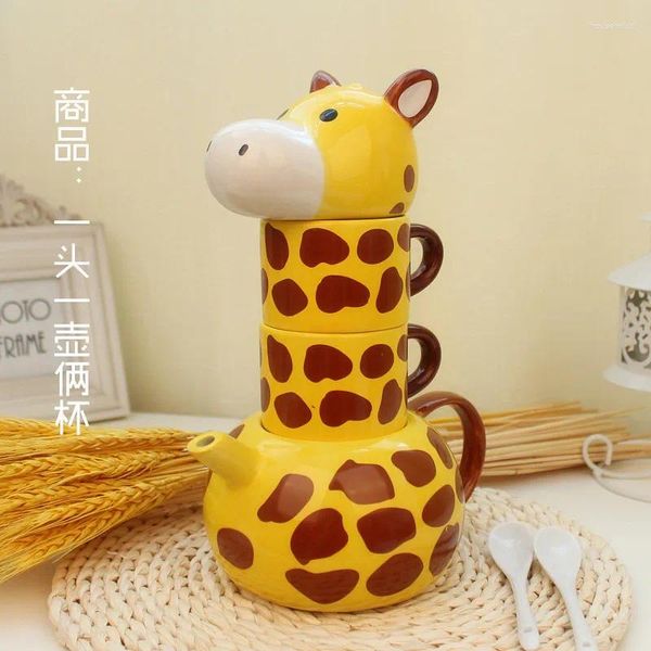 Tazas Lindo diseño en forma de jirafa Tetera de cerámica con 2 tazas Set Kawaii Animal de dibujos animados para adultos Regalo para niños Oficina Hogar