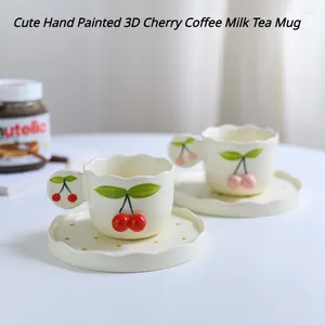Mokken schattige handgeschilderde 3d kersen koffie melktheemok en schoteltjes roze rode keramische fruitbeker met schotel set servies cadeau