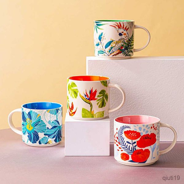 Tazas Taza de desayuno de cerámica pintada a mano linda 450 ml Patrón de flores Leche Avena Tazas de café Underglaze Olla de porcelana Bonito regalo para un amigo R230713