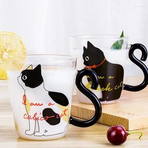 Tazas Cute Kitty Glass Taza de agua Gato Cola Mango Taza Leche Té Café Jugo de fruta Drinkware Amantes de la oficina en casa