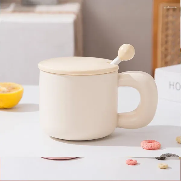 Tazas lindas tazas de café de cerámica de Color Makaron con tapa, cuchara, taza de té de la leche para el hogar y la Oficina, vajilla para beber agua, vajilla de 380ml